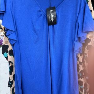 Women's Blue Ruffle Sleeve Top